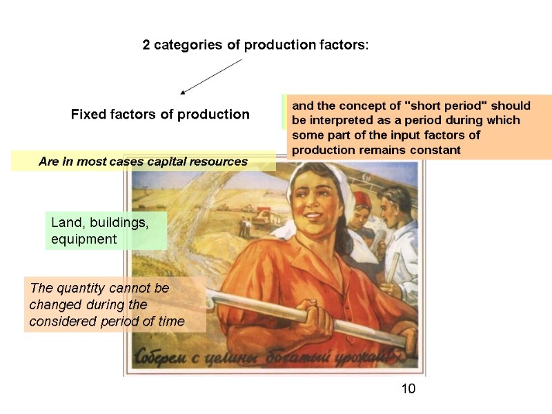 2 categories of production factors: Fixed factors of production The quantity cannot be changed 2 categories of production factors: Fixed factors of production The quantity cannot be changed
